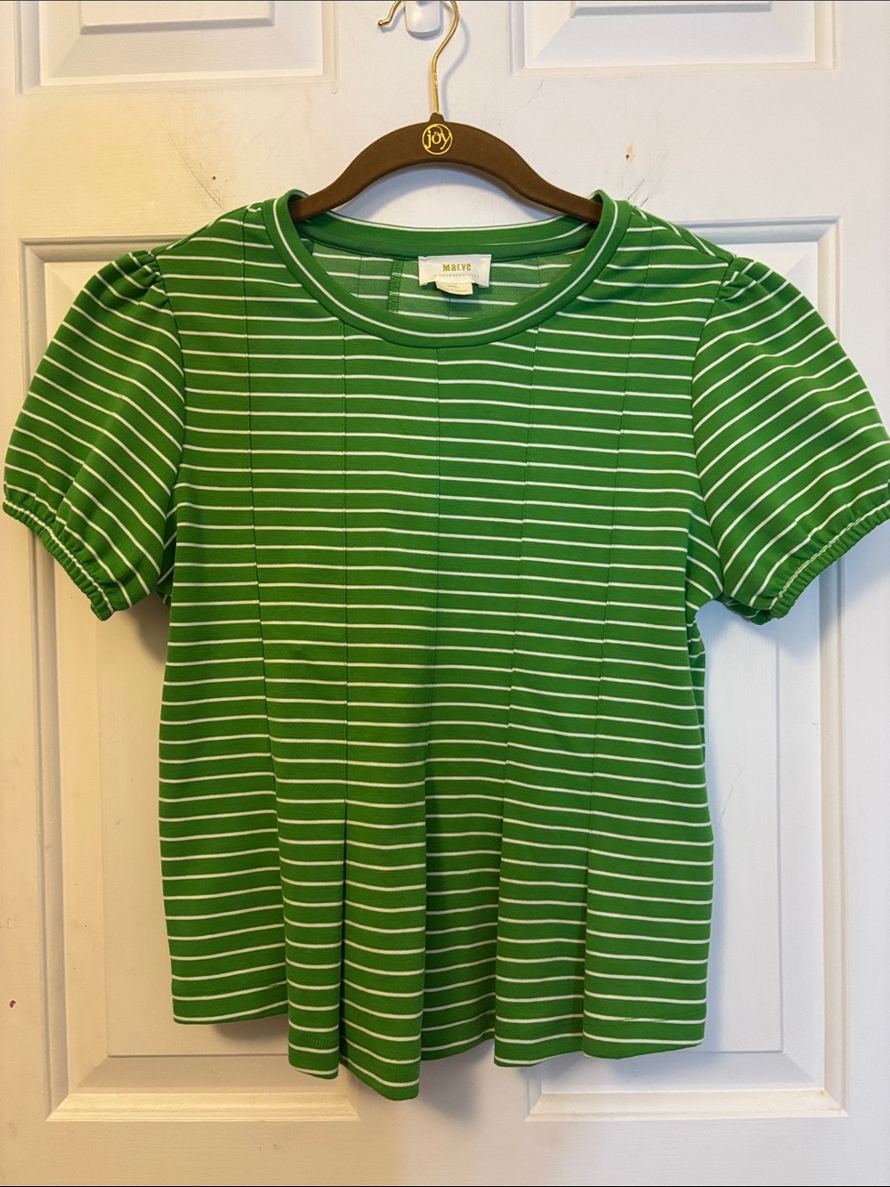 Anthropologie Maeve Green and White Striped Puff Sleeve Tee Size Extra Small XS